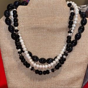 Multi strand bead necklace freshwater pearls, onyx